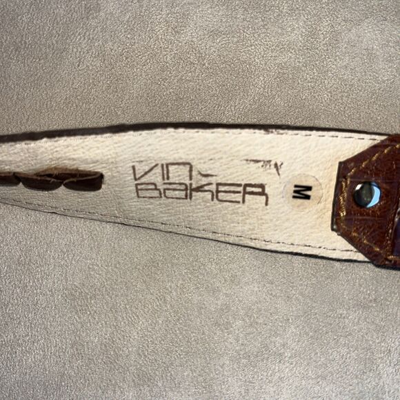 Vin Baker Vintage Crocodile Square Silver Buckle Brown Leather Belt Women Size M - Picture 10 of 16